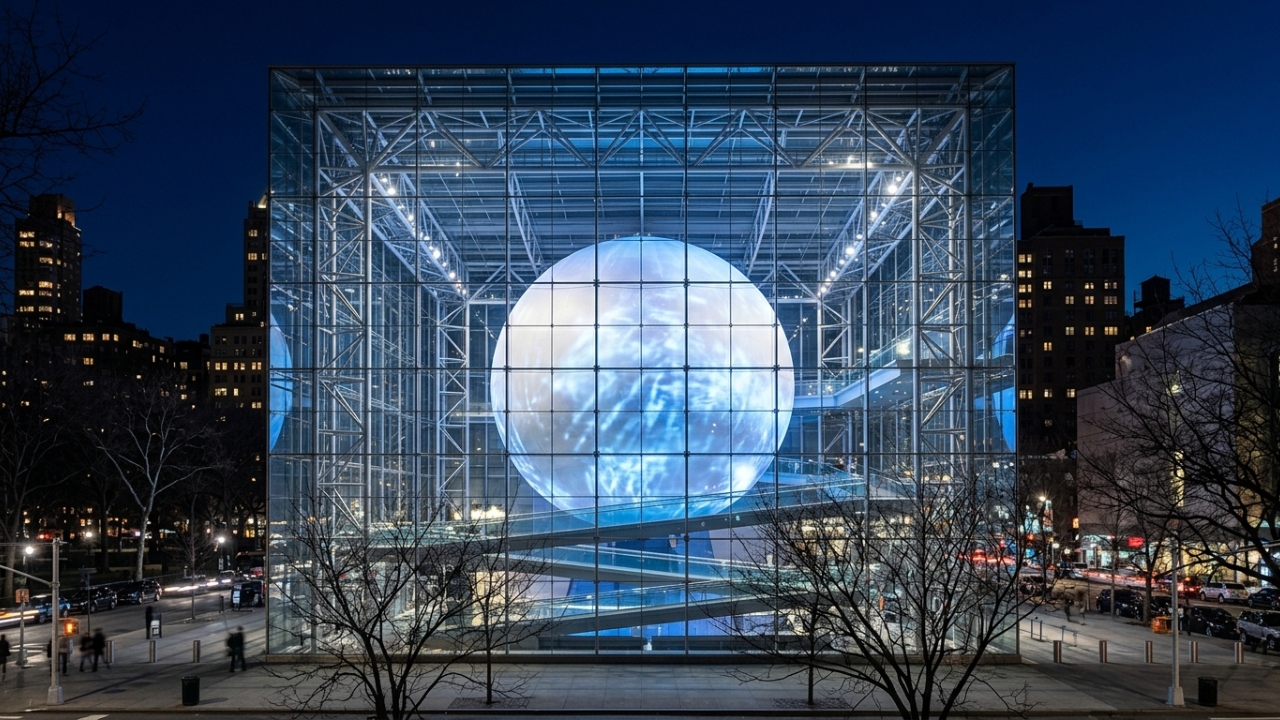 Com uma esfera de 26 metros dentro de um cubo de vidro, a obra de 2000 em Nova York surge como um dos cenários mais surreais da ciência mundial