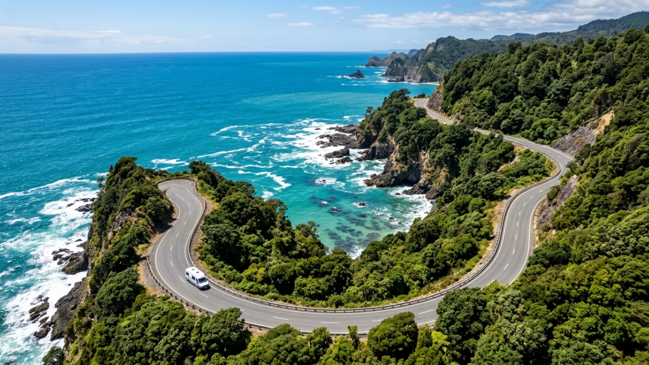 Com curvas sinuosas beirando o mar e falésias da península, a rodovia SH25, na Nova Zelândia, tornou-se o caminho cênico mais charmoso da Ilha do Norte