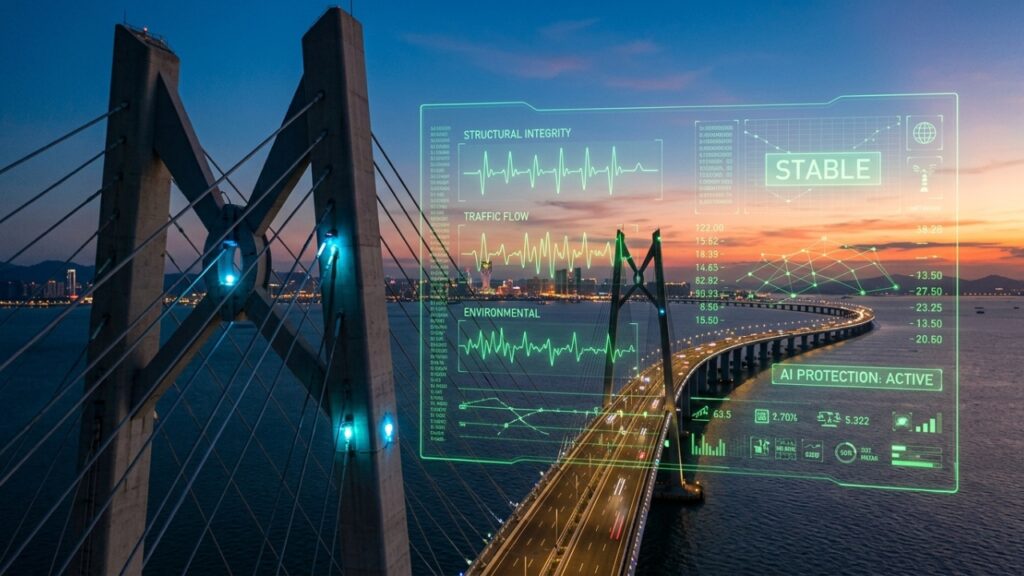Ponte mais longa do mundo na China utiliza sistema de inteligência artificial com mil sensores para ajustar a estrutura automaticamente contra tufões