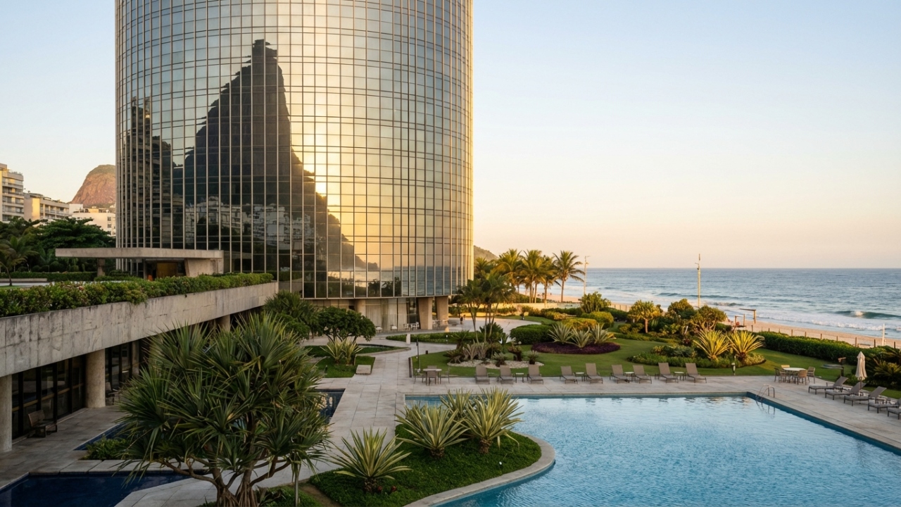 Com 34 andares e 108 metros de altura, a torre cilíndrica de Niemeyer surge como um ícone da arquitetura hoteleira no Rio