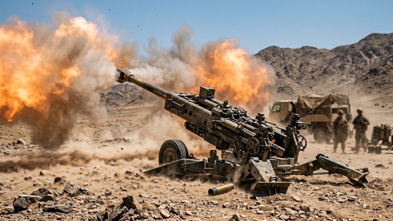 Com sua estrutura de titânio pesando apenas 4.200 kg, o obuseiro M777 dispara projéteis de 155 mm com precisão digital e pode ser içado por helicópteros