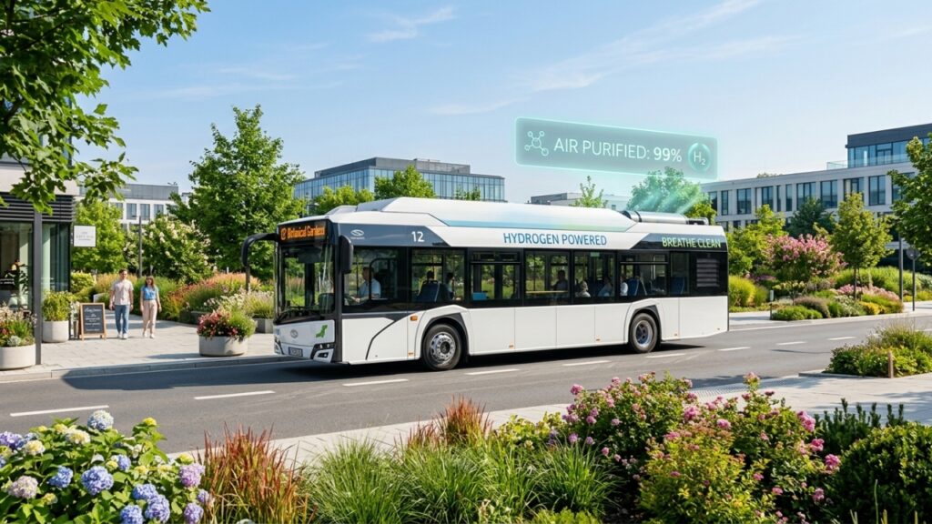 Ônibus movido a hidrogênio com autonomia de 350 quilômetros utiliza células de combustível para emitir apenas vapor de água e purificar o ar das grandes avenidas hoje