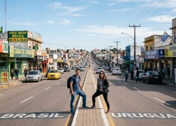 Onde a rua principal é dividida ao meio entre dois países: a cidade mais ao sul do Brasil o canteiro central separa o real do peso uruguaio