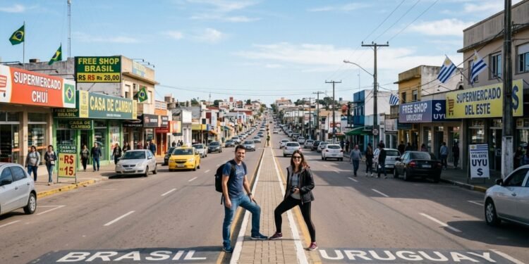 Onde a rua principal é dividida ao meio entre dois países: a cidade mais ao sul do Brasil o canteiro central separa o real do peso uruguaio