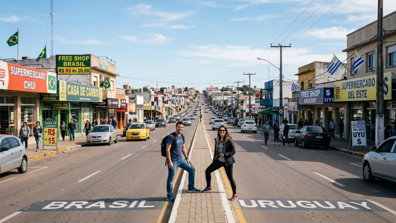 Onde a rua principal é dividida ao meio entre dois países: a cidade mais ao sul do Brasil o canteiro central separa o real do peso uruguaio