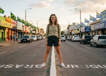 Onde a rua principal é dividida ao meio entre dois países: a cidade mais ao sul do Brasil o canteiro central separa o real do peso uruguaio