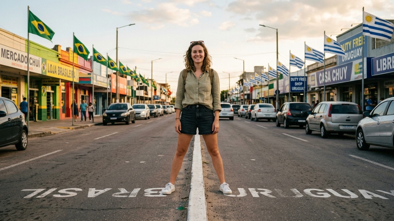 Onde a rua principal é dividida ao meio entre dois países: a cidade mais ao sul do Brasil o canteiro central separa o real do peso uruguaio