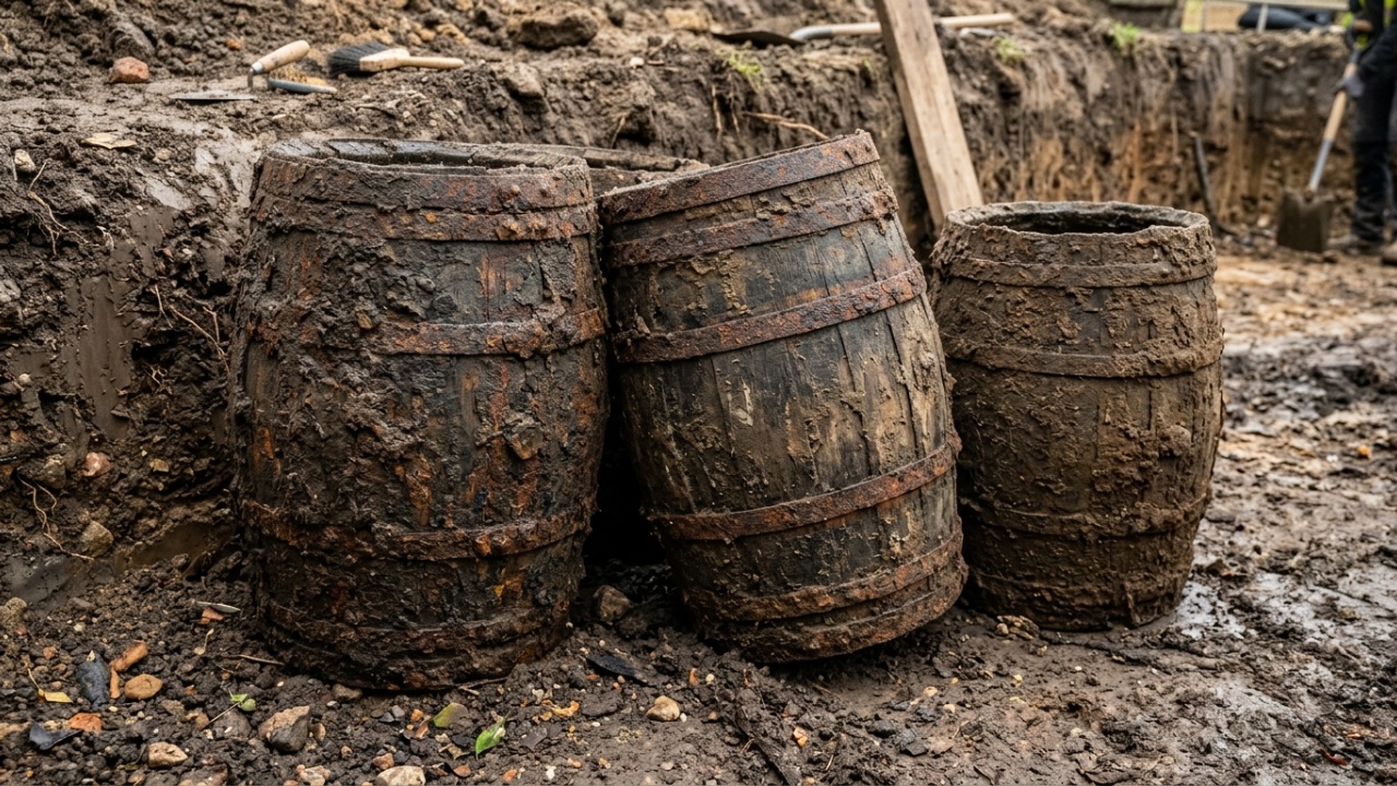 Descoberta arqueológica de recipientes construtivos antigos