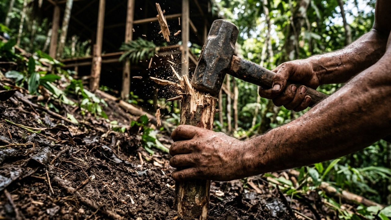 Construção sustentável de cabana com pallets na floresta