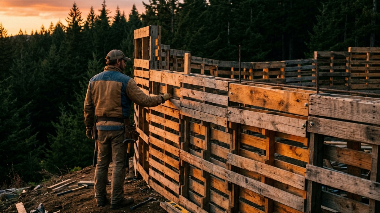 Construção sustentável de cabana com pallets na floresta