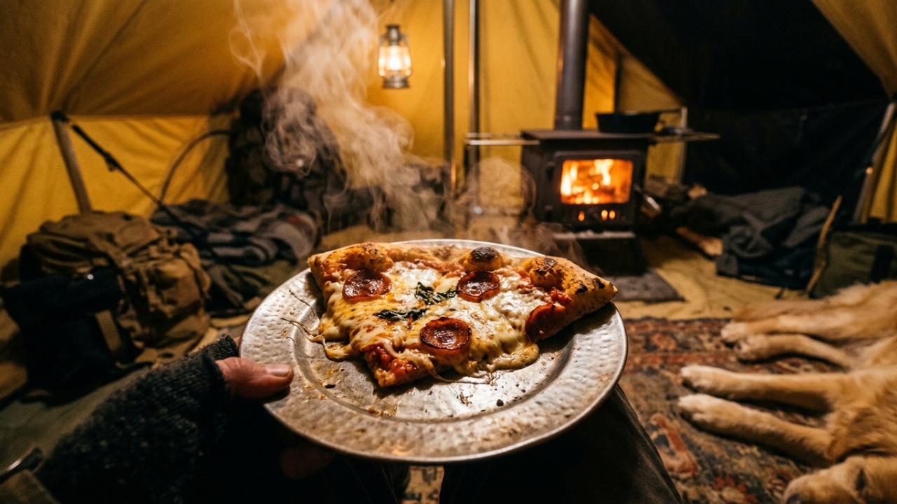 Acampar sob uma tempestade de neve usando uma barraca inflável