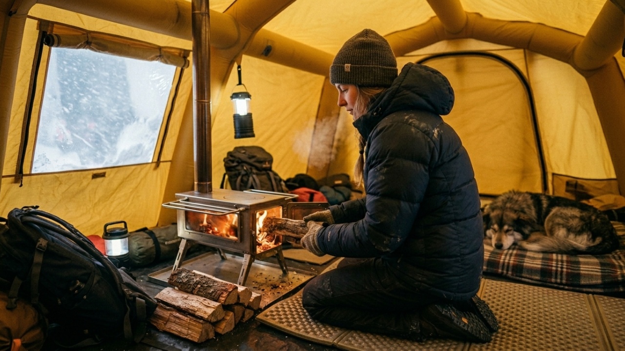 Acampar sob uma tempestade de neve usando uma barraca inflável