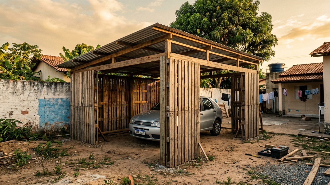 Construção de garagem com paletes de madeira