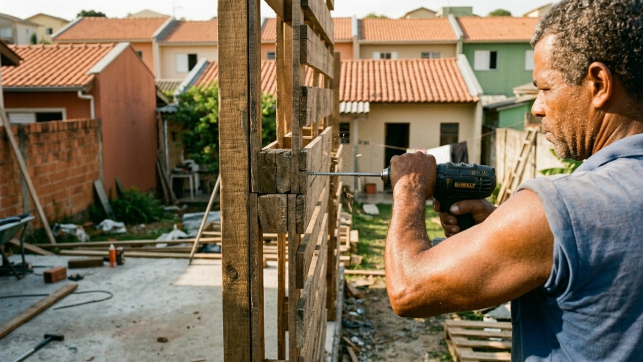 Construção de garagem com paletes de madeira
