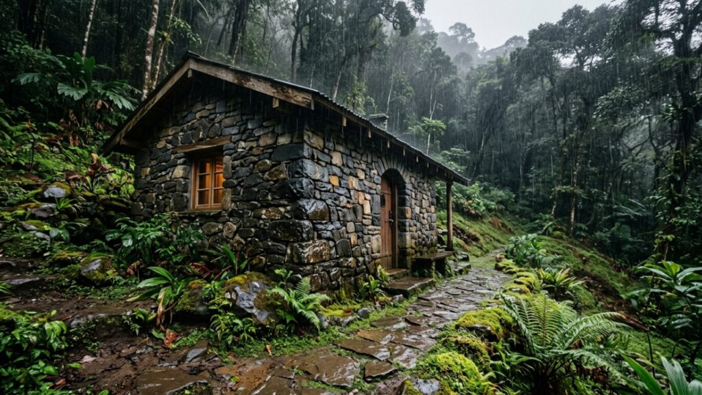 Cabana de pedra primitiva, robusta e confortável, com lareira
