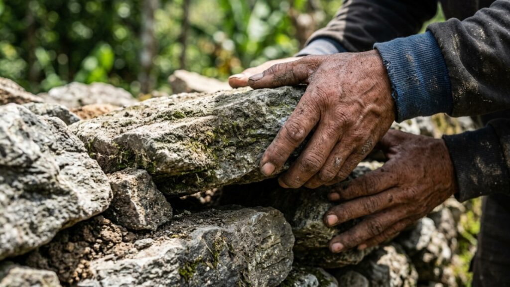 Cabana de pedra primitiva, robusta e confortável, com lareira