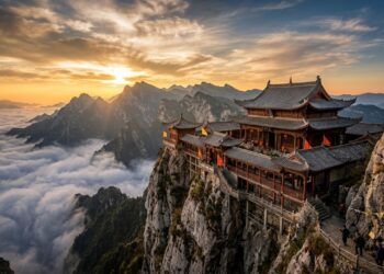 o templo taoísta a 3.500 metros de altitude com a estrada