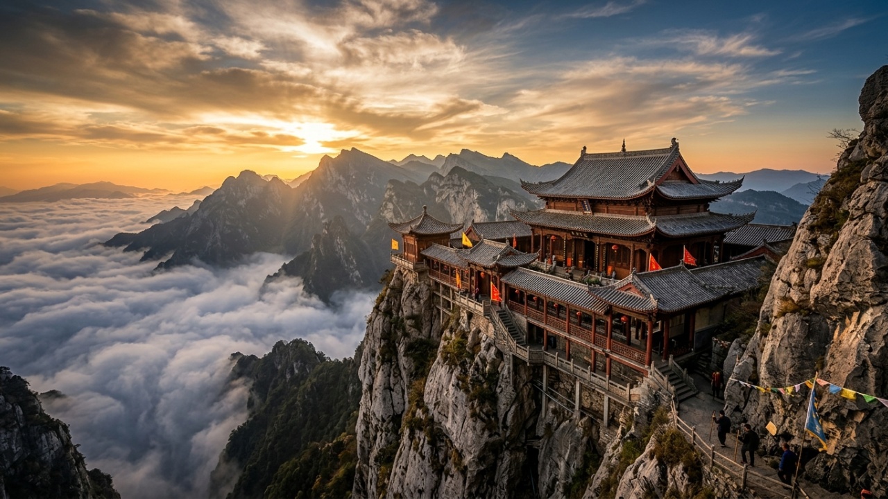 o templo taoísta a 3.500 metros de altitude com a estrada