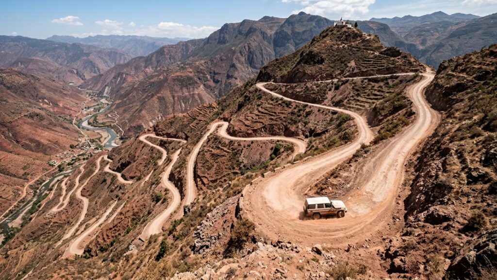 O templo taoísta a 3.500 metros de altitude com a estrada 