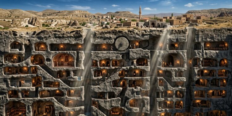 A engenharia, a história e o funcionamento da monumental cidade subterrânea de Derinkuyu como um refúgio civil.