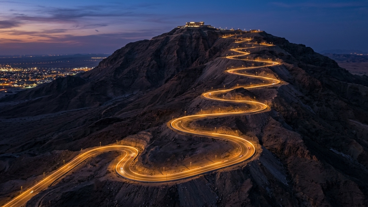 Com 60 curvas e 1.219 metros de altura, a rodovia no deserto surge como uma obra monumental da engenharia árabe