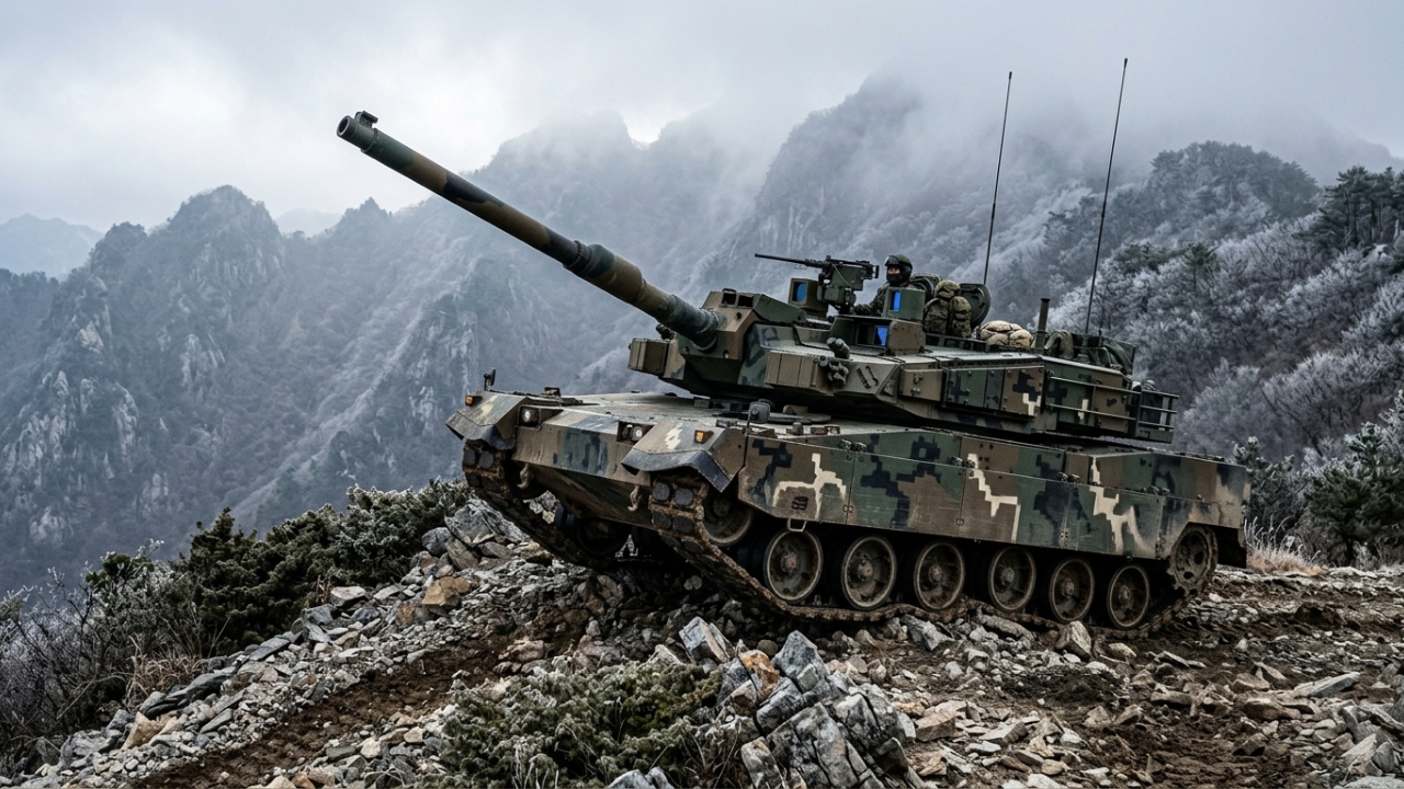 Com uma suspensão hidropneumática que permite ao chassi se ajoelhar, o tanque sul-coreano K2 atira por cima de colinas usando seu canhão de 120 mm