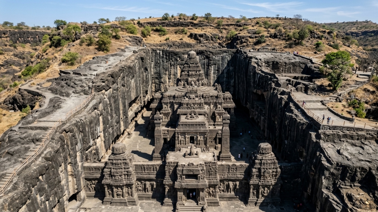 Removendo 400 mil toneladas de rocha sólida de cima para baixo, o templo indiano de 30 metros de altura foi esculpido em uma única pedra