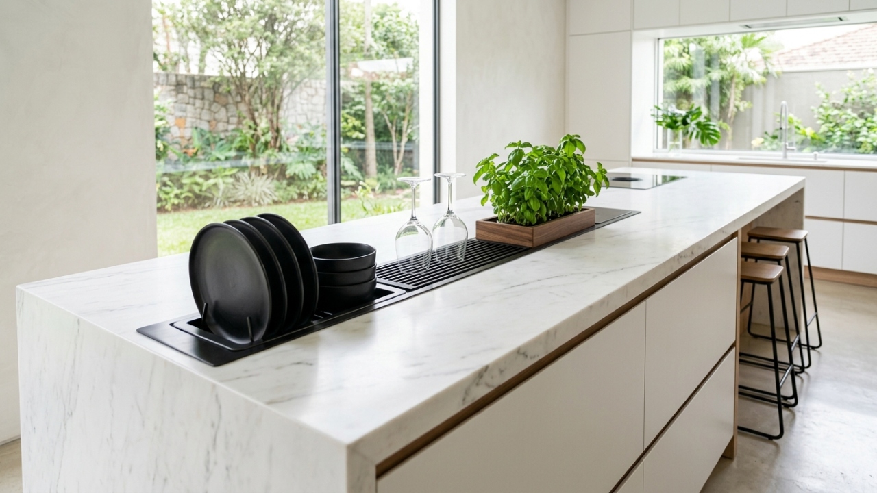 Esqueça o escorredor de pratos sobre a pia, pois a nova tendência da calha úmida embutida na bancada traz organização e luxo para a cozinha