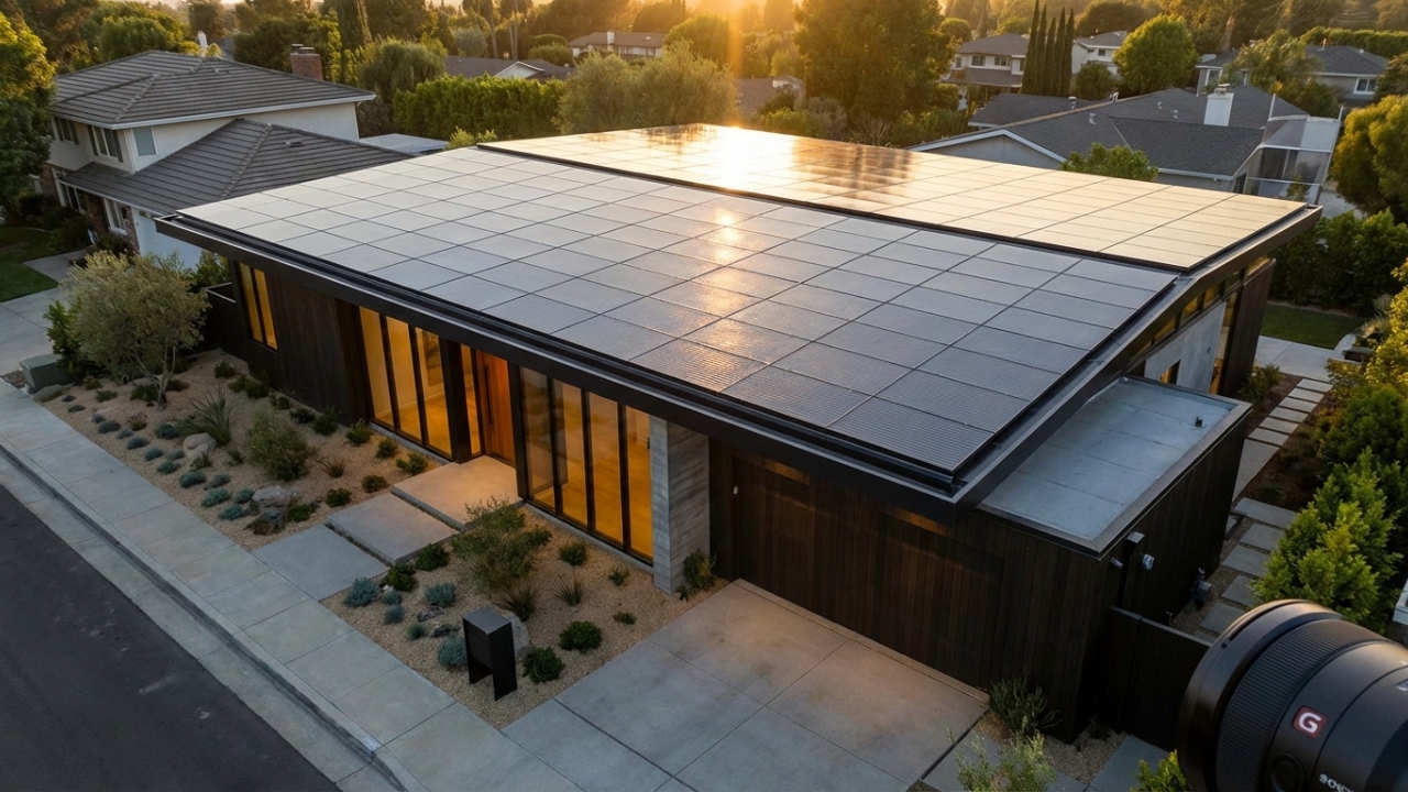 Com telhas de vidro e células solares integradas, o sistema de telhado da Tesla transforma a casa em um gerador de energia limpa e silencioso