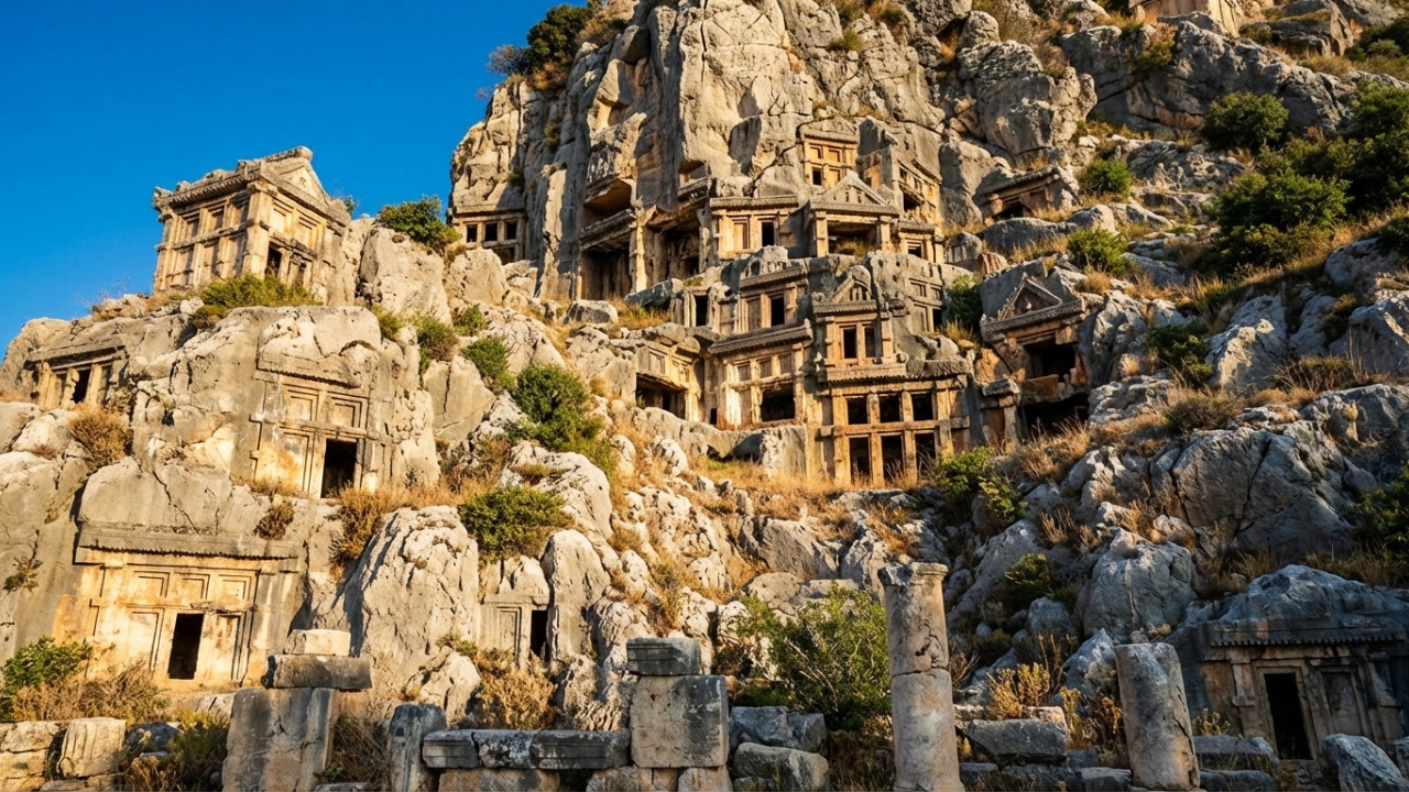 Esculpidas em penhascos há 2.400 anos, as tumbas de Myra na Turquia surgem como um registro bizarro e colossal de uma civilização perdida