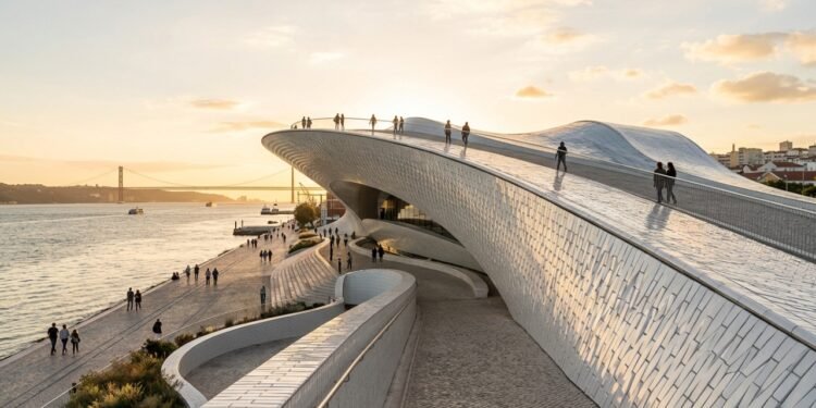 Com 15 mil azulejos brancos e telhado ondulado, o museu de 2016 surge como a estrutura mais surreal e futurista das margens do Rio Tejo
