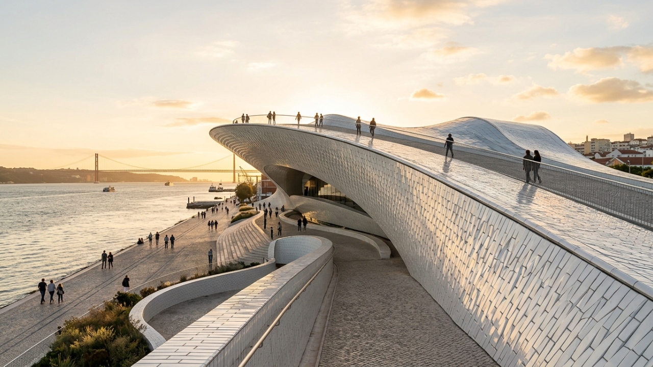 Com 15 mil azulejos brancos e telhado ondulado, o museu de 2016 surge como a estrutura mais surreal e futurista das margens do Rio Tejo