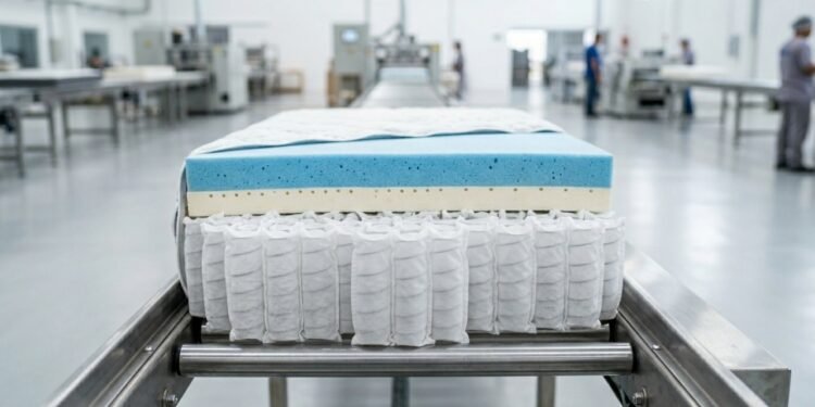 Com blocos de espuma de 60 metros e 800 molas ensacadas, a indústria fabrica o colchão que suporta o peso do corpo com precisão milimétrica