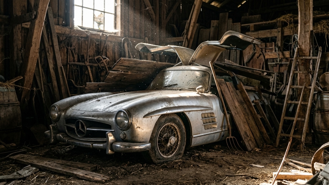 Localizada em um celeiro sob pilhas de madeira, a máquina alemã de portas asa de gaivota fabricada em 1955 vale dois milhões de dólares em abril