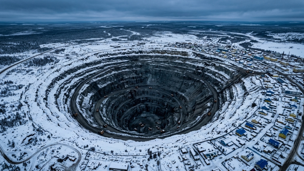 Com um buraco de 525 metros de profundidade, a imensa cratera dessa mina de diamantes cria um vórtice de ar capaz de sugar helicópteros para o fundo