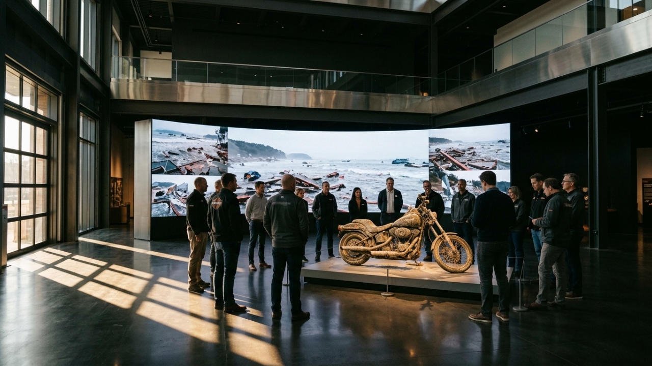 Arrastada pelo tsunami do Japão e encontrada em uma praia do Canadá, a moto americana de 1.600 cilindradas sobrevive a um ano no mar