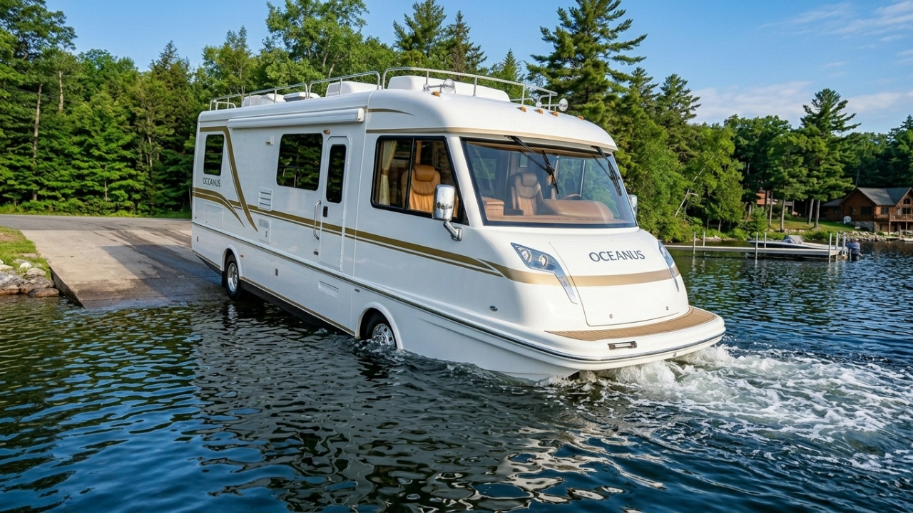 O motorhome de luxo de 6 milhões de reais que vira um barco e flutua nos lagos sem você precisar sair do volante