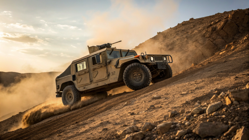 O Humvee tem quase 2,2 metros de largura e um centro de gravidade tão baixo que ele praticamente não capota em nenhum terreno