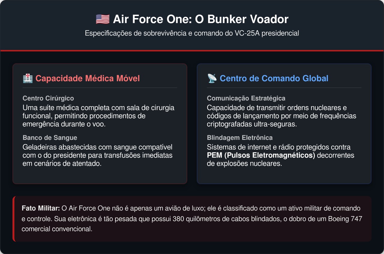 O avião do presidente dos Estados Unidos tem sala de cirurgia, estoque de sangue e pode ficar dias no ar sem pousar em lugar nenhum