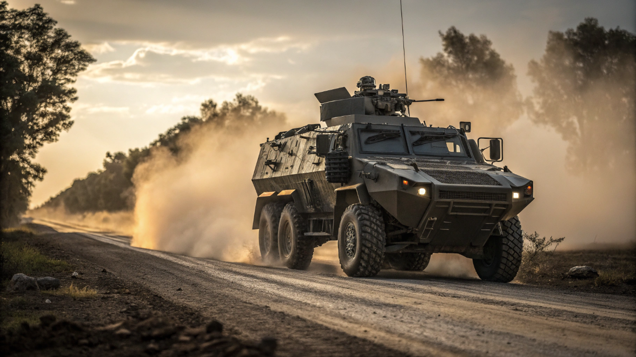 O blindado com assoalho em formato de V projetado especificamente para desviar a explosão de minas terrestres e salvar a vida de todos os passageiros