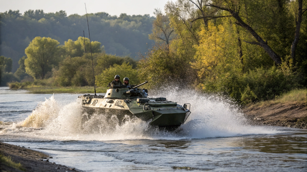 O clássico anfíbio BTR-70 com tração 8x8 e dois motores a gasolina garante o transporte de tropas em terrenos hostis há mais de 40 anos