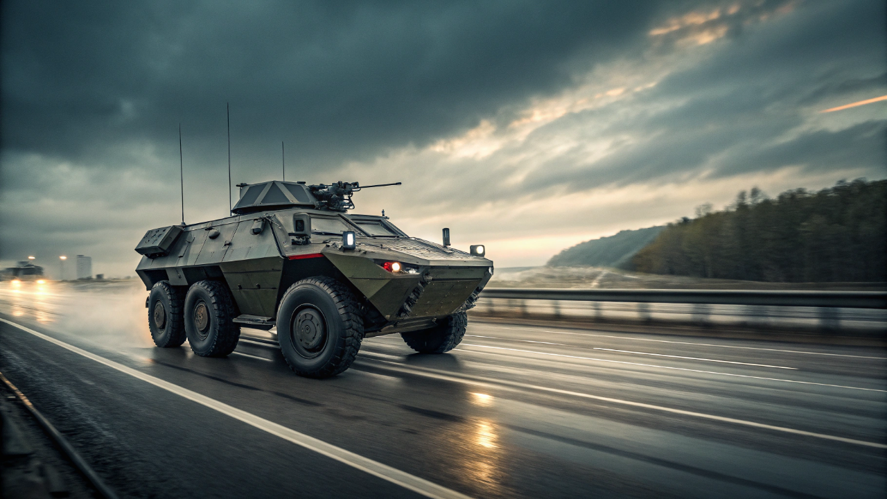 O gigante francês de 8 rodas e 29 toneladas atinge mais de 100 km por hora no asfalto substituindo as esteiras pesadas por pneus projetados para rodar até mesmo totalmente furados