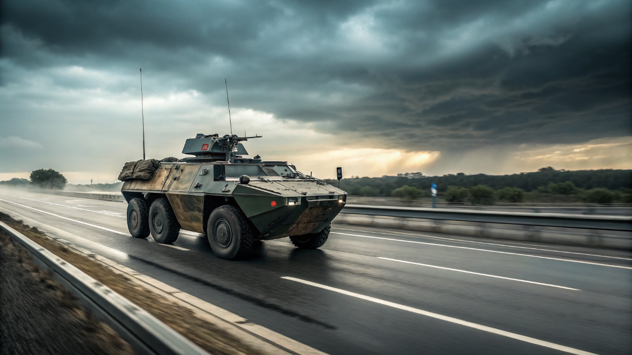 O gigante francês de 8 rodas e 29 toneladas atinge mais de 100 km por hora no asfalto substituindo as esteiras pesadas por pneus projetados para rodar até mesmo totalmente furados