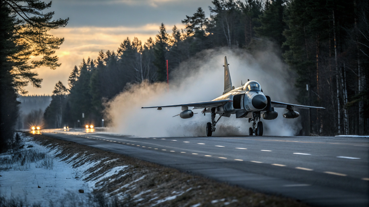O incrível caça sueco usa reversores de empuxo para frear no ar e consegue dar marcha a ré na pista logo após pousar em rodovias comuns