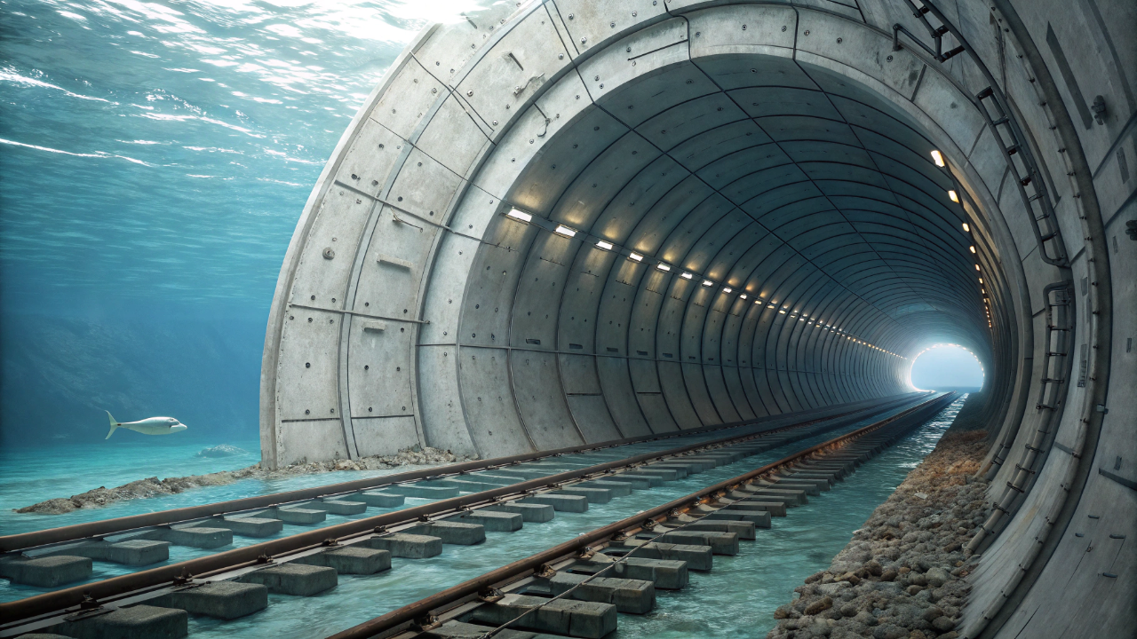 O megatúnel submarino de 50 quilômetros que permite trens viajarem a 160 quilômetros por hora a 75 metros de profundidade sob o fundo do oceano