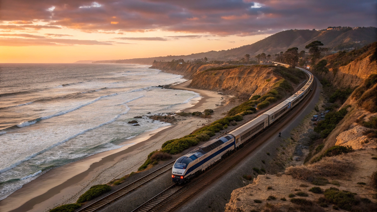 O trem americano que corre a poucos metros do Oceano Pacífico tem vagão de 2 andares e vista para surfistas pela janela