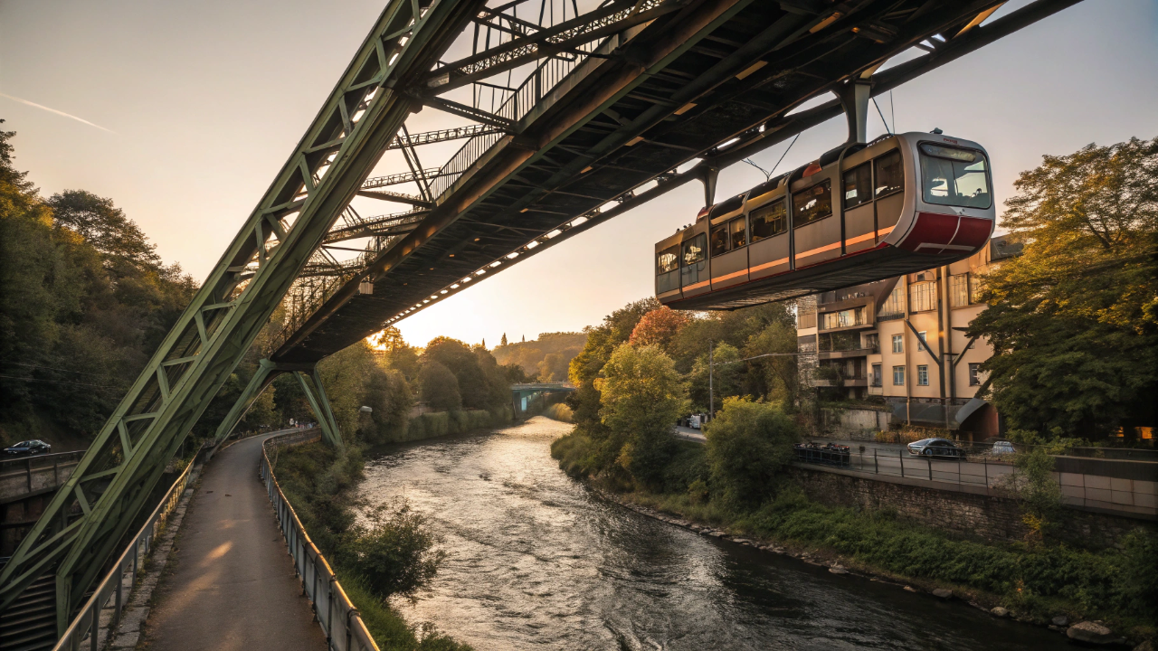 O trem suspenso com 120 anos de história que flutua a 12 metros de altura sobre um rio alemão transportando 82 mil pessoas por dia