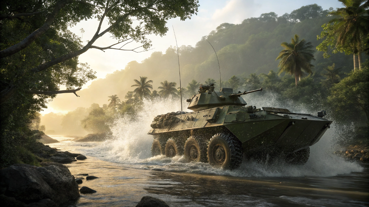 O veículo anfíbio de oito rodas motrizes que atravessa rios com facilidade e funciona como um escudo de aço para fuzileiros navais nas missões mais perigosas