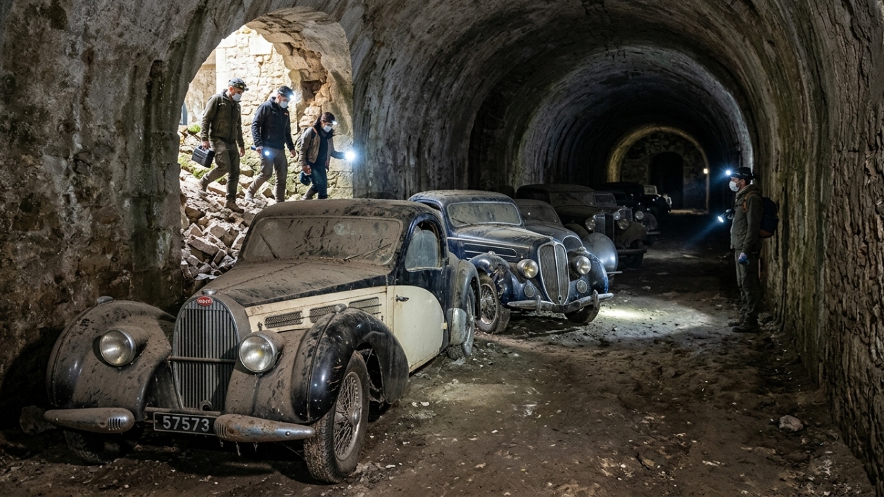 Coleção de 50 carros de luxo da década de 1930 é encontrada em túnel secreto sob castelo na França e atrai leiloeiros de todo o mundo