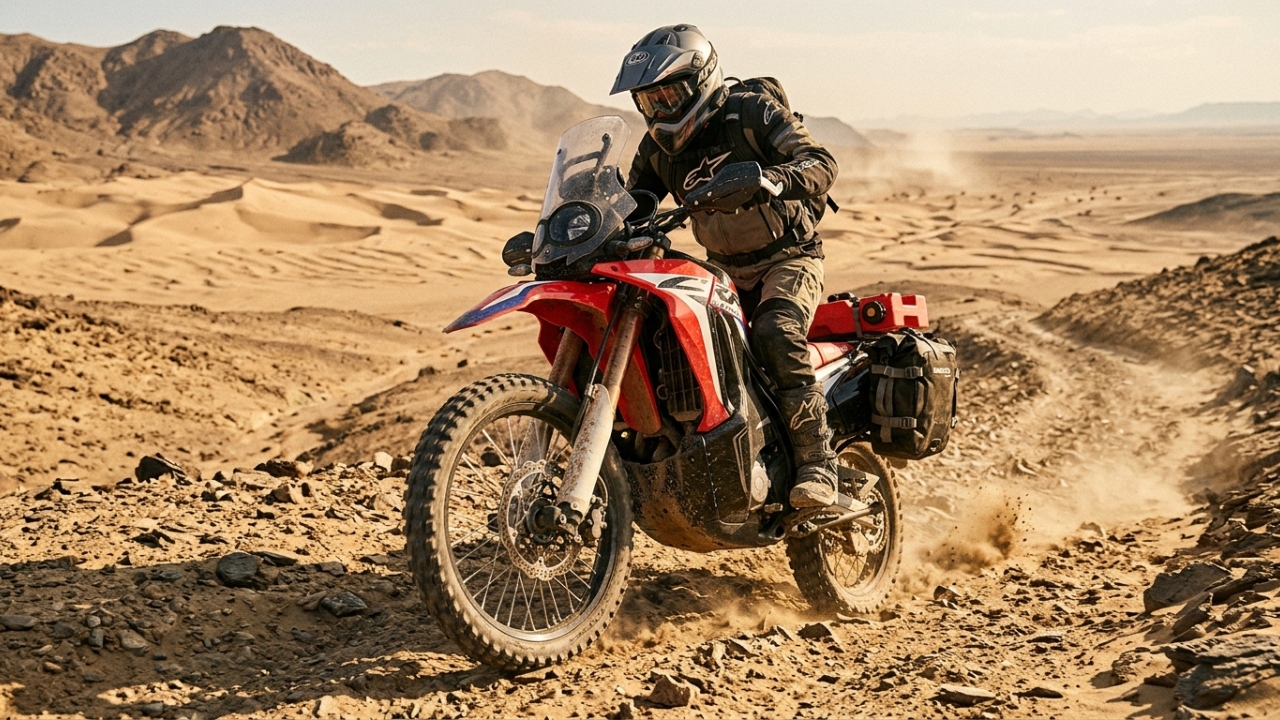 Moto aventureira de 300cc com suspensão de rali e tanque de 14 litros permite cruzar o deserto com economia de 35 km por litro em viagens longas